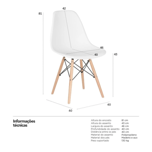 Produto Kit 6 Cadeiras de jantar Charles Eames Eiffel DSW em Polipropileno - Branco
