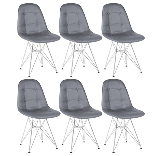 Produto Kit 6 Cadeiras estofada Charles Eames Eiffel Botonê DKR com pés de metal cromado - Cinza escuro