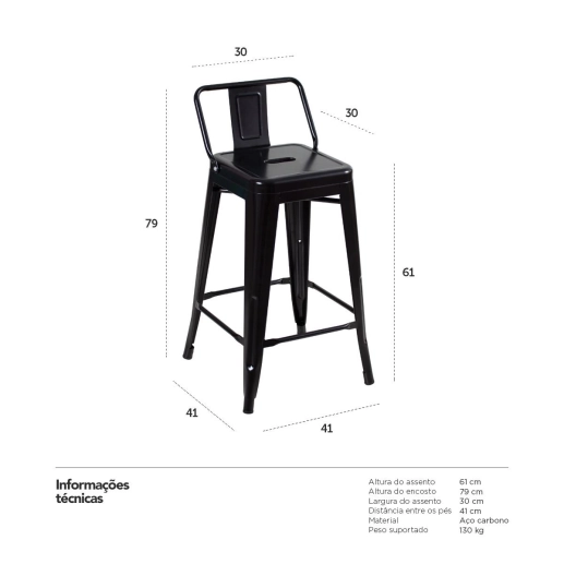 Produto Kit 6 Banquetas média para bancada Iron Tolix com encosto 61 cm - Preto