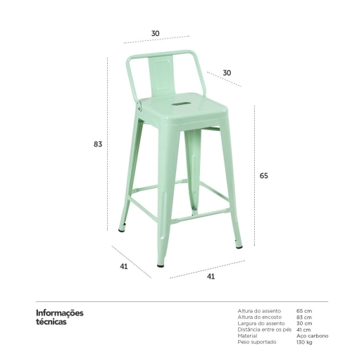 Produto Kit 6 banquetas médias para bancada Iron Tolix com encosto 66 cm – Verde Claro