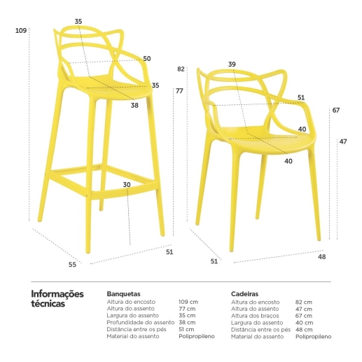 Kit 6 Cadeiras + 3 Banquetas Altas Masters Allegra - Amarelo Produto Kit 6 Cadeiras + 3 Banquetas Altas Masters Allegra - Amarelo