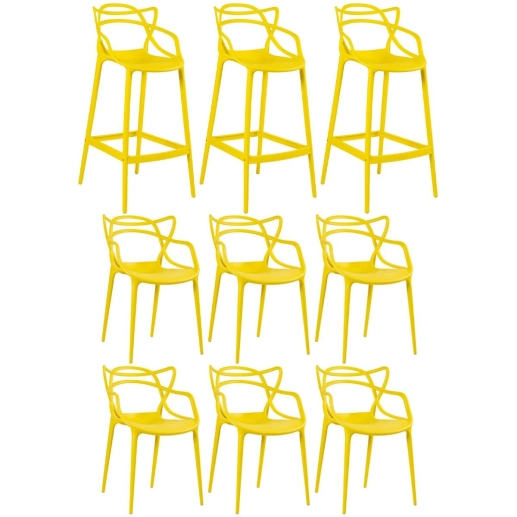 Kit 6 Cadeiras + 3 Banquetas Altas Masters Allegra - Amarelo Produto Kit 6 Cadeiras + 3 Banquetas Altas Masters Allegra - Amarelo