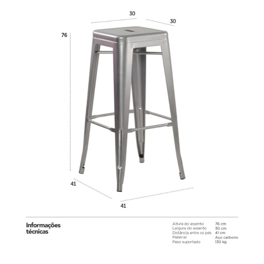 Produto Kit 8 Banquetas alta para bancada Iron Tolix 76 cm - Prata