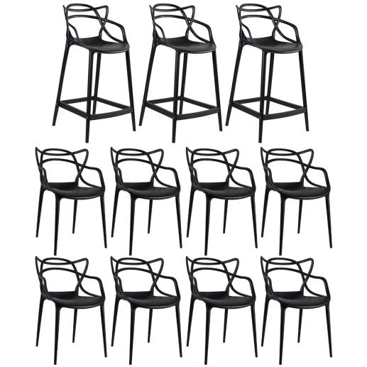 Produto Kit 8 cadeiras + 3 banquetas médias Masters Allegra - Preto