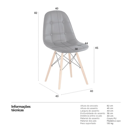 Kit 8 Cadeiras de jantar Charles Eames Eiffel Botonê Estofada - Preto Produto Kit 8 Cadeiras de jantar Charles Eames Eiffel Botonê Estofada - Preto