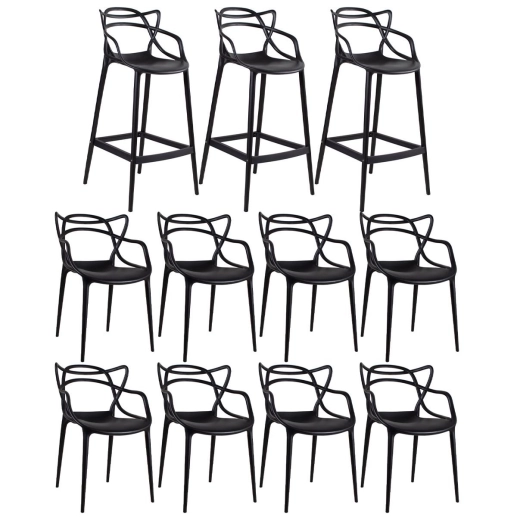 Produto Kit 8 cadeiras + 3 banquetas altas Masters Allegra - Preto