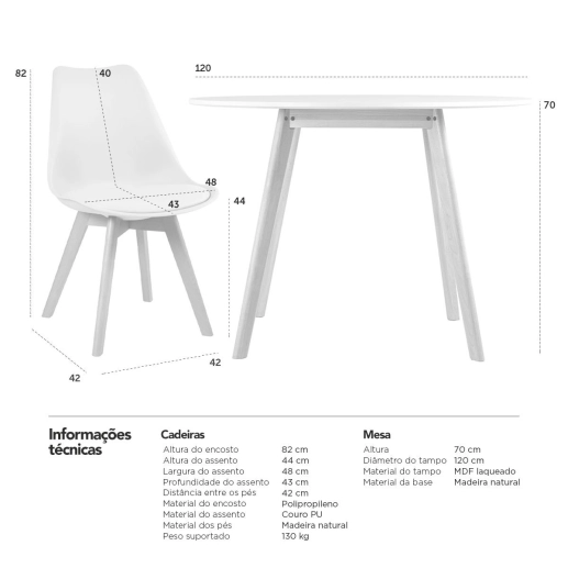 Produto Mesa de jantar redonda branco 120 cm + 4 cadeiras estofadas Leda - Branco