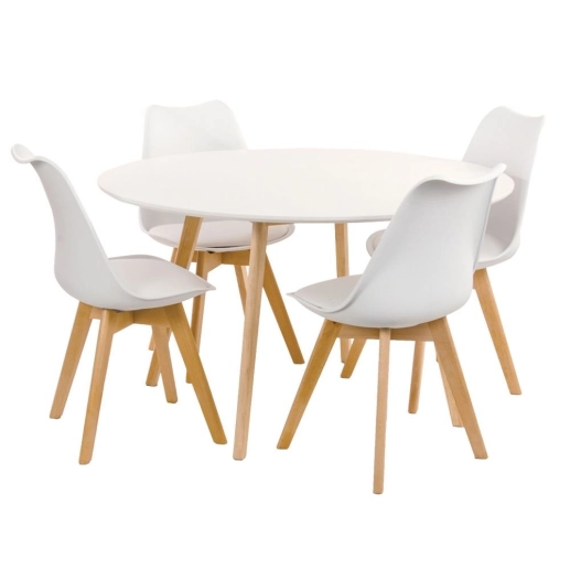 Produto Mesa de jantar redonda branco 120 cm + 4 cadeiras estofadas Leda - Branco