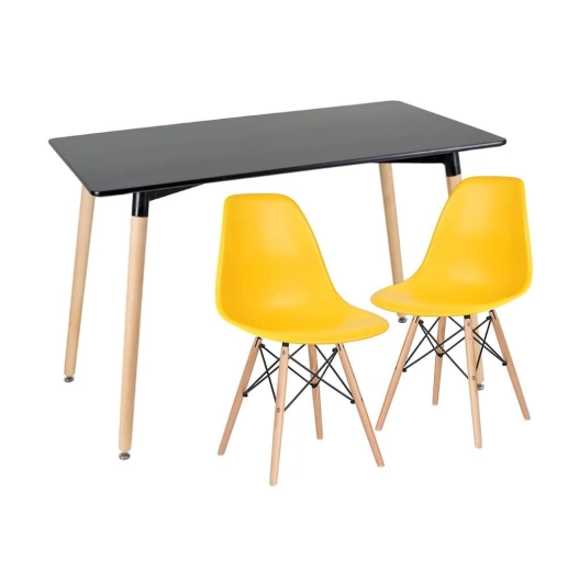 Mesa de jantar retangular Eames 60 x 120 cm preto + 2 cadeiras Eiffel Dsw Amarelo Produto Mesa de jantar retangular Eames 60 x 120 cm preto + 2 cadeiras Eiffel Dsw Amarelo