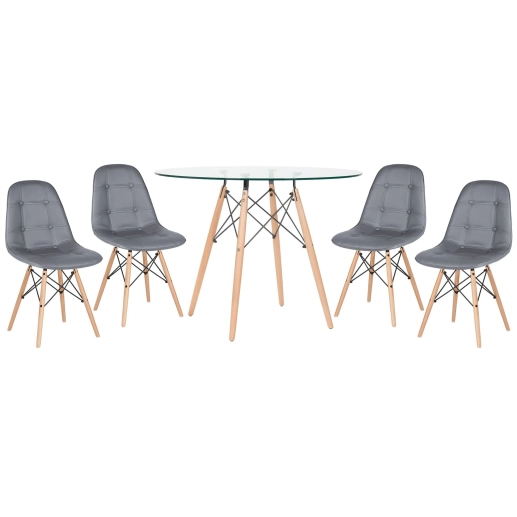 Kit - Mesa de vidro Eames 100 cm + 4 cadeiras Eames Botonê Cinza escuro Produto Kit - Mesa de vidro Eames 100 cm + 4 cadeiras Eames Botonê Cinza escuro