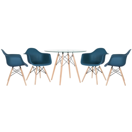 Mesa redonda Eames com tampo de vidro 100 cm + 4 cadeiras Eiffel DAW - Azul Petróleo Produto Mesa redonda Eames com tampo de vidro 100 cm + 4 cadeiras Eiffel DAW - Azul Petróleo