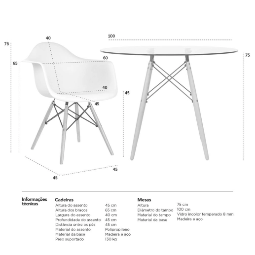 Produto Kit - Mesa de vidro Eames 100 cm + 4 cadeiras Eiffel Daw nude