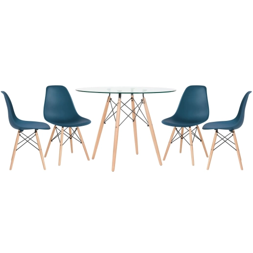 Produto Mesa redonda Eames com tampo de vidro 100 cm + 4 cadeiras Eiffel DSW - Azul Petróleo