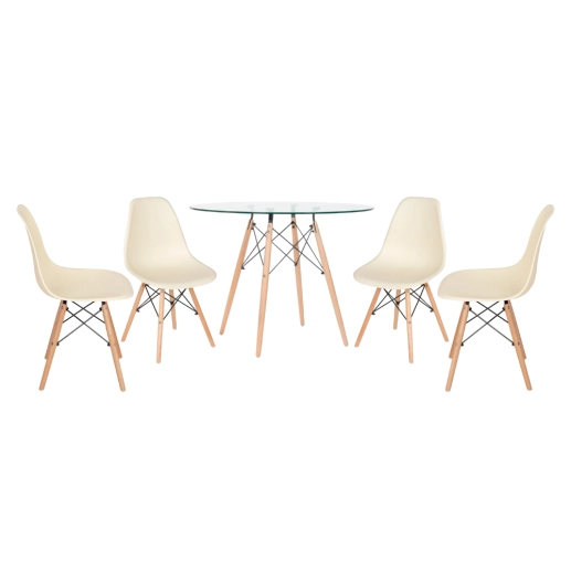 Produto Mesa redonda Eames com tampo de vidro 100 cm + 4 cadeiras Eiffel DSW - Creme