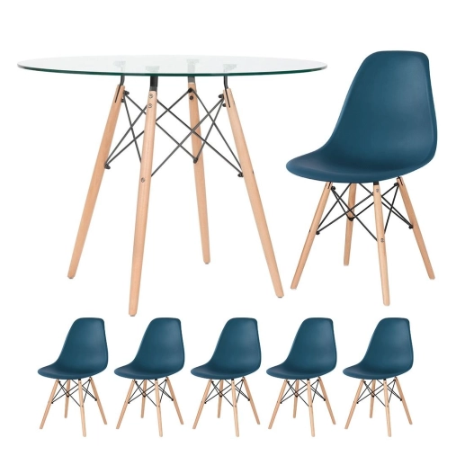 Produto Kit - Mesa de vidro Eames 100 cm + 5 cadeiras Eiffel Dsw azul petróleo