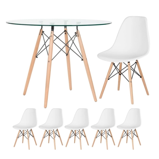 Produto Kit - Mesa de vidro Eames 100 cm + 5 cadeiras Eiffel DSW branco