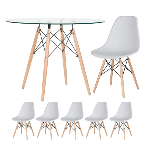 Produto Kit - Mesa de vidro Eames 100 cm + 5 cadeiras Eiffel DSW cinza claro