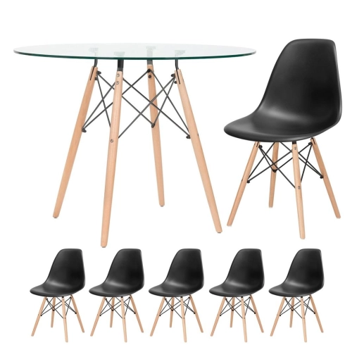 Produto Kit - Mesa de vidro Eames 100 cm + 5 cadeiras Eiffel DSW preto