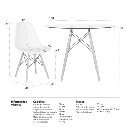 Produto Mesa de vidro Eames 100 cm + 5 cadeiras Eiffel DSW vermelho