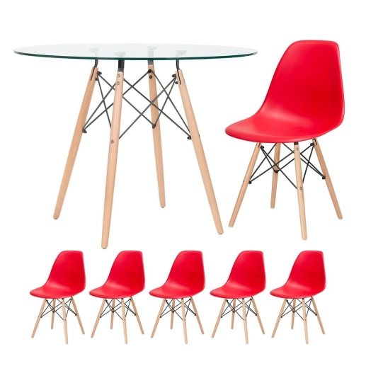 Produto Mesa de vidro Eames 100 cm + 5 cadeiras Eiffel DSW vermelho