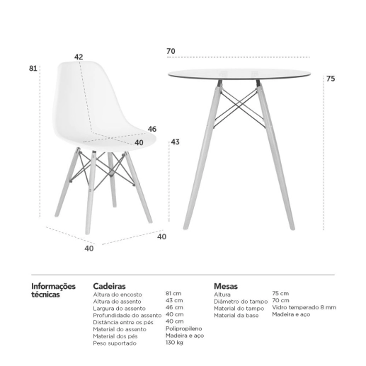 Produto Mesa redonda Eames com tampo de vidro 70 cm + 2 cadeiras Eiffel DSW - Laranja