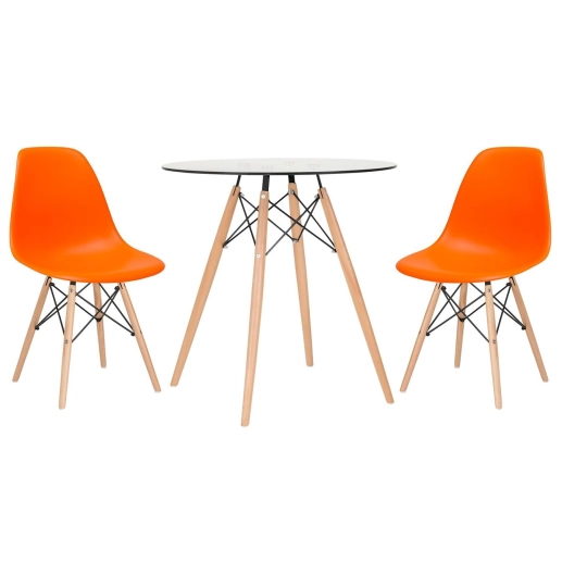Produto Mesa redonda Eames com tampo de vidro 70 cm + 2 cadeiras Eiffel DSW - Laranja