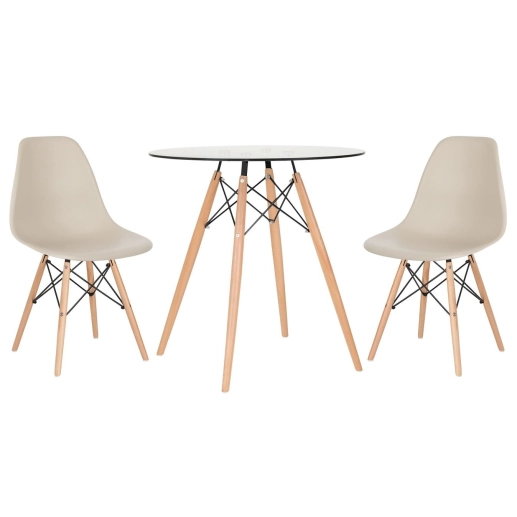 Produto Mesa redonda Eames com tampo de vidro 70 cm + 2 cadeiras Eiffel DSW - Nude