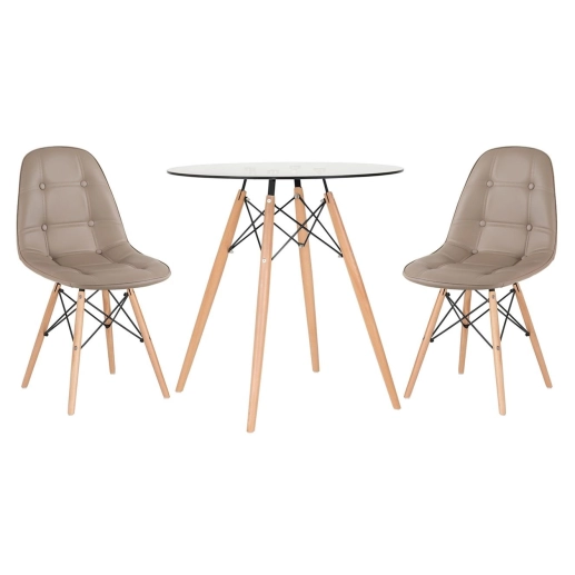 Produto Mesa redonda Eames com tampo de vidro 70 cm + 2 cadeiras Eiffel Botonê- Nude