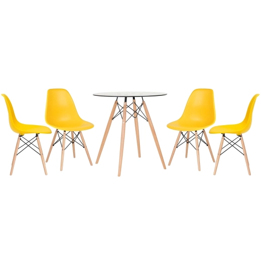 Produto Mesa redonda Eames com tampo de vidro 70 cm + 4 cadeiras Eiffel DSW - Amarelo