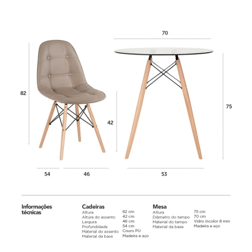 Produto Mesa redonda Eames com tampo de vidro 70 cm + 4 cadeiras Eiffel Botonê- Nude