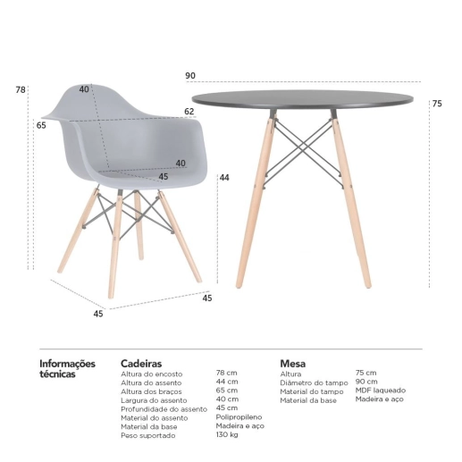Produto Mesa redonda Eames 90 cm + 4 cadeiras Eiffel DAW - Cinza Escuro