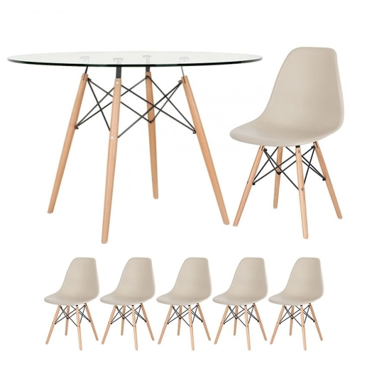 Produto Mesa redonda Eames com tampo de vidro 120 cm + 5 cadeiras Eiffel DSW - Nude