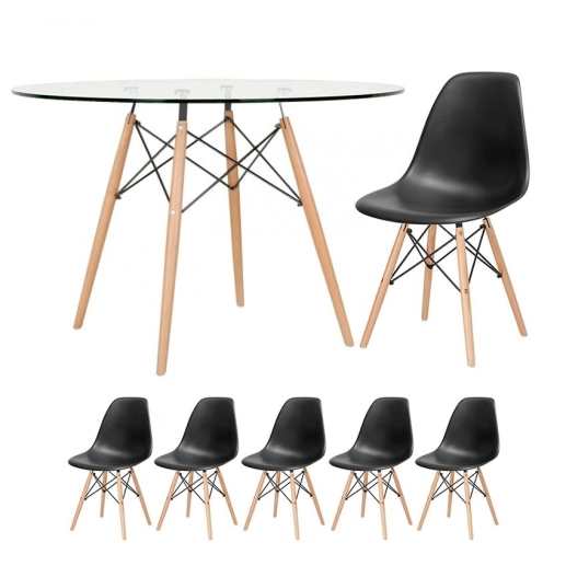 Produto Kit - Mesa Eames com tampo de vidro 120 cm + 5 cadeiras Eiffel Dsw Preto