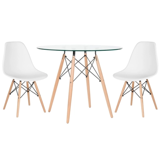 Produto Mesa redonda Eames com tampo de vidro 80 cm + 2 cadeiras Eiffel DSW - Branco
