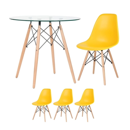 Produto Kit - Mesa Eames com tampo de vidro 80 cm + 3 cadeiras Eiffel Dsw Amarelo
