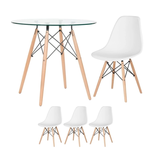 Produto Mesa Eames com tampo de vidro 80 cm + 3 cadeiras Eiffel Dsw Branco