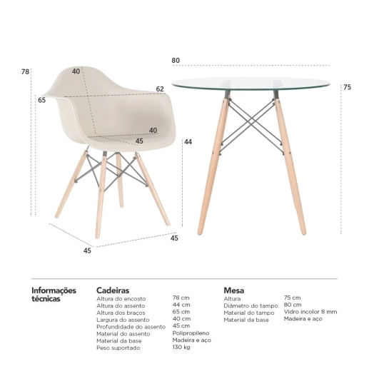 Produto Mesa redonda Eames com tampo de vidro 80 cm + 3 cadeiras Eiffel DAW - Nude