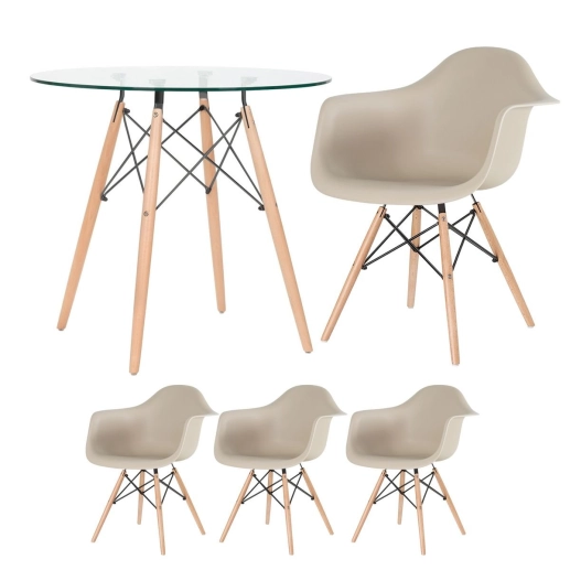 Produto Mesa redonda Eames com tampo de vidro 80 cm + 3 cadeiras Eiffel DAW - Nude