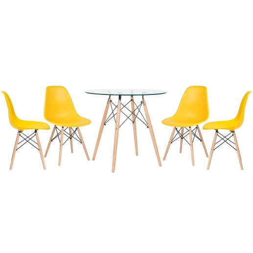 Mesa redonda Eames com tampo de vidro 80 cm + 4 cadeiras Eiffel DSW - Amarelo Produto Mesa redonda Eames com tampo de vidro 80 cm + 4 cadeiras Eiffel DSW - Amarelo