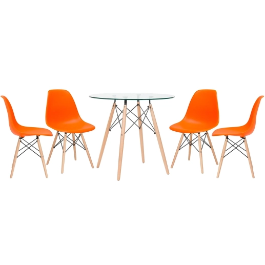 Produto Mesa redonda Eames com tampo de vidro 80 cm + 4 cadeiras Eiffel DSW - Laranja