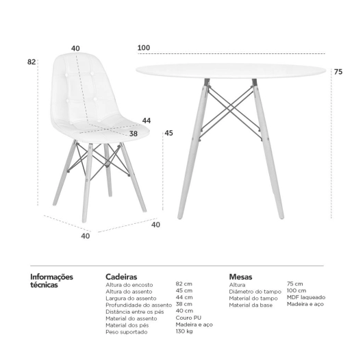 Produto Mesa redonda Eames 100 cm branco + 4 cadeiras estofadas Eiffel Botonê - Branco
