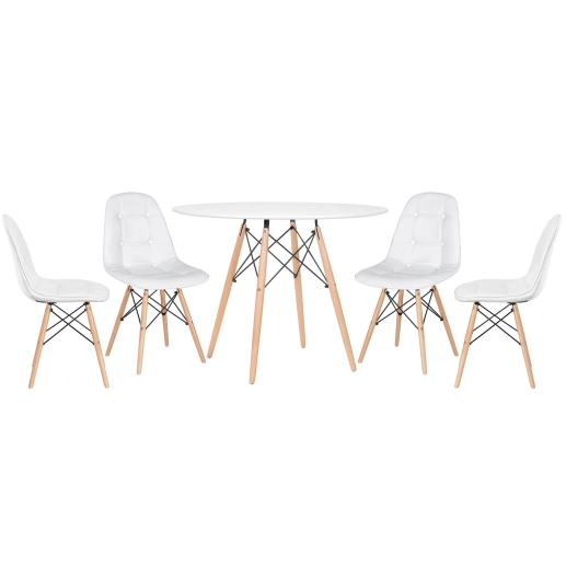 Produto Mesa redonda Eames 100 cm branco + 4 cadeiras estofadas Eiffel Botonê - Branco