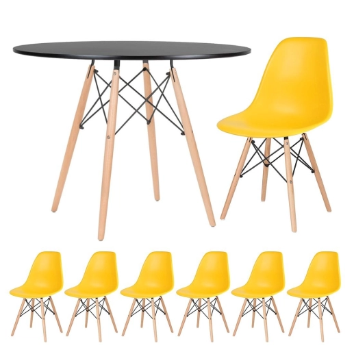 Mesa redonda Eames 100 cm preto + 6 cadeiras Eiffel Dsw Amarelo Produto Mesa redonda Eames 100 cm preto + 6 cadeiras Eiffel Dsw Amarelo