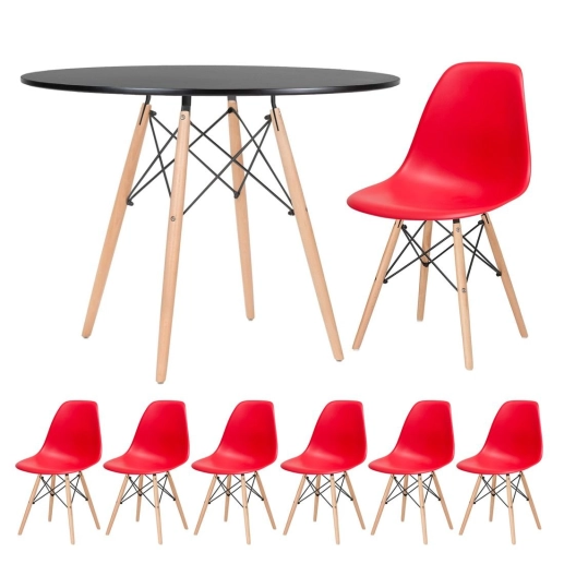 Produto Mesa redonda Eames 100 cm preto + 6 cadeiras Eiffel Dsw Vermelho
