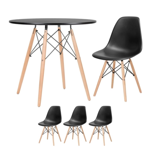 Mesa redonda Eames 80 cm preto + 3 cadeiras Eiffel Dsw Preto Produto Mesa redonda Eames 80 cm preto + 3 cadeiras Eiffel Dsw Preto