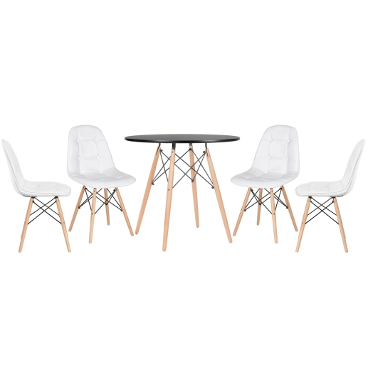 Produto Mesa redonda Eames 80 cm preto + 4 cadeiras estofadas Eiffel Botonê Branco
