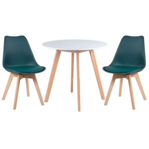 Mesa redonda Leda 80 cm branco + 2 cadeiras estofadas Leda Verde escuro Produto Mesa redonda Leda 80 cm branco + 2 cadeiras estofadas Leda Verde escuro