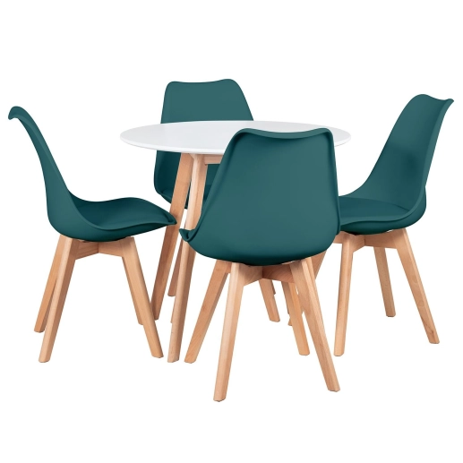 Produto Mesa redonda Leda 80 cm branco + 4 cadeiras estofadas Leda Verde escuro