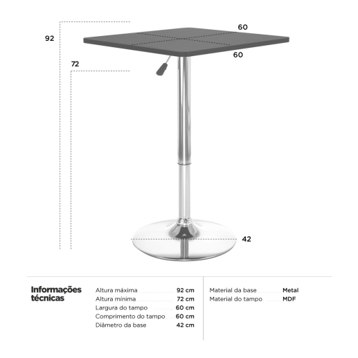 Produto Mesa alta bar bistro Apollo quadrada 60 cm tampo madeira ajustável
