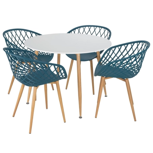 Mesa de jantar redonda 100 cm branco + 4 cadeiras Clarice Nest Azul petróleo Produto Mesa de jantar redonda 100 cm branco + 4 cadeiras Clarice Nest Azul petróleo